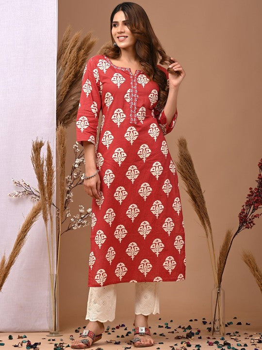 Zoktraa Rust Red Cotton Printed Kurta Set with White Palazzo (2 Piece Set)