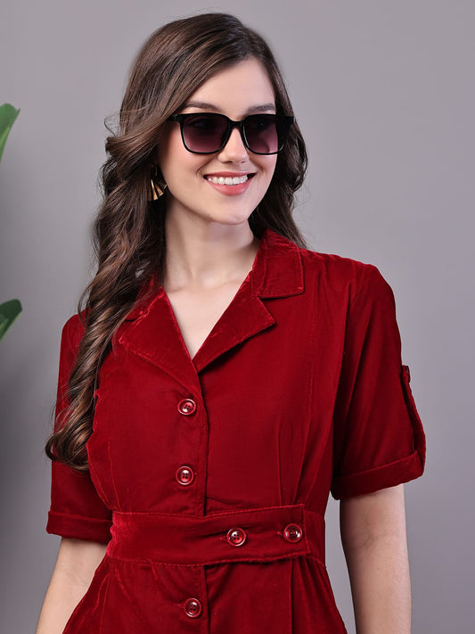 Zoktraa Maroon A-Line Button-Down Midi Dress – Elegant & Timeless Look