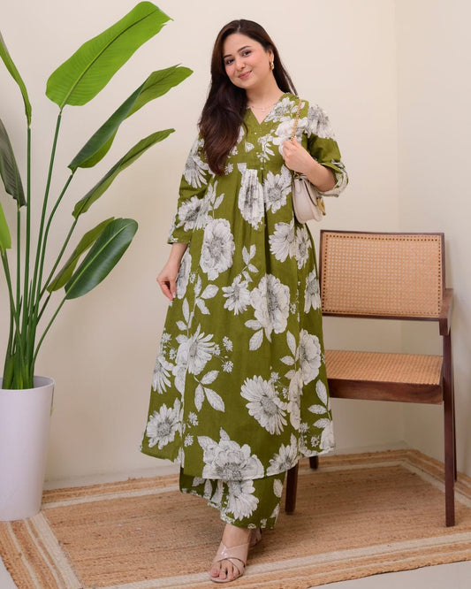 Olive Green Floral Printed Cotton Kurti with Pant Set