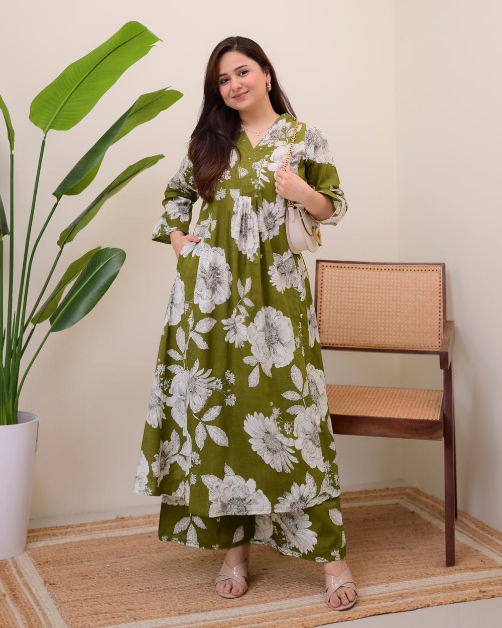 Olive Green Floral Printed Cotton Kurti with Pant Set