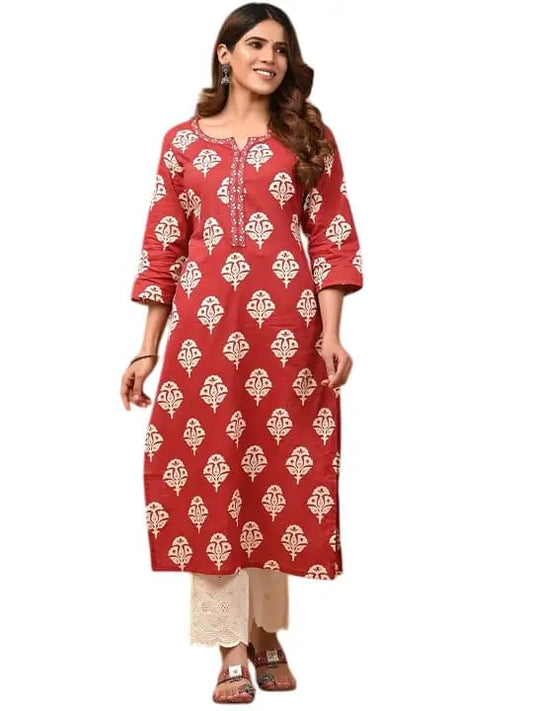 Zoktraa Rust Red Cotton Printed Kurta Set with White Palazzo (2 Piece Set)