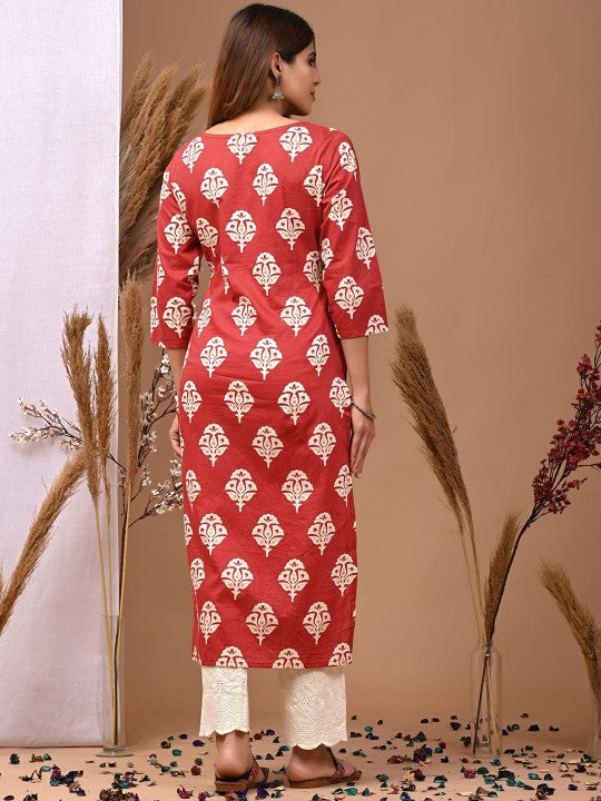 Zoktraa Rust Red Cotton Printed Kurta Set with White Palazzo (2 Piece Set)