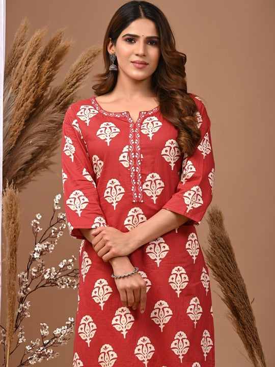Zoktraa Rust Red Cotton Printed Kurta Set with White Palazzo (2 Piece Set)