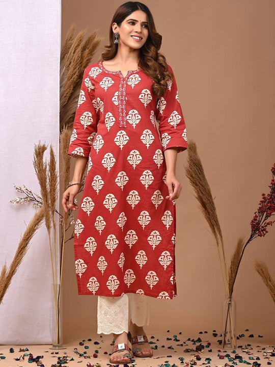 Zoktraa Rust Red Cotton Printed Kurta Set with White Palazzo (2 Piece Set)
