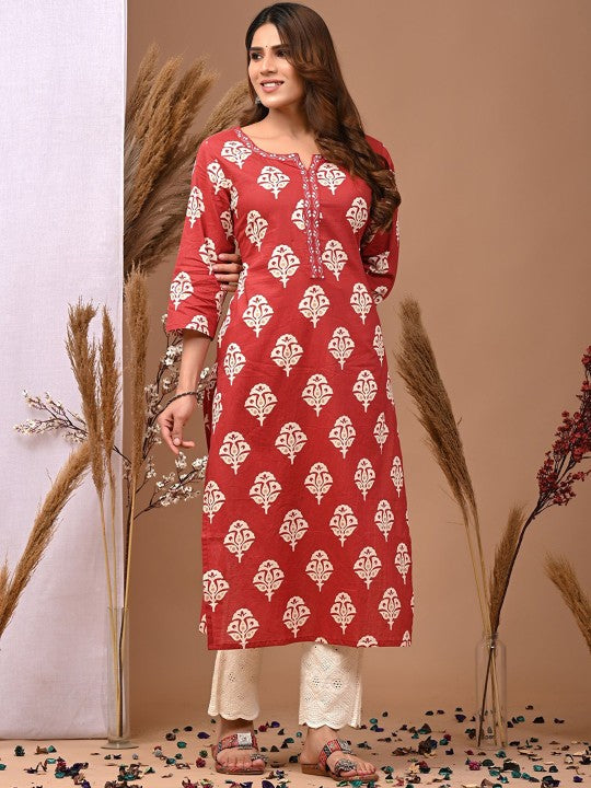 Zoktraa Rust Red Cotton Printed Kurta Set with White Palazzo (2 Piece Set)