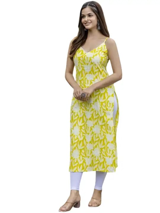 Zoktraa Sunshine Bloom Sleeveless Cotton Kurta (Yellow & White Floral Print)