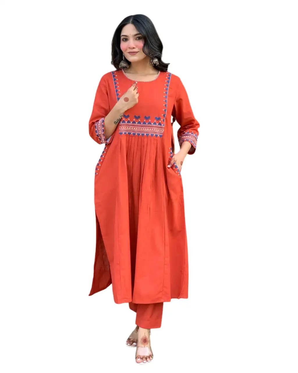 Zoktraa Rust Orange Two-Piece Kurti with Pant Set | Elegant Ethnic Wear for Women