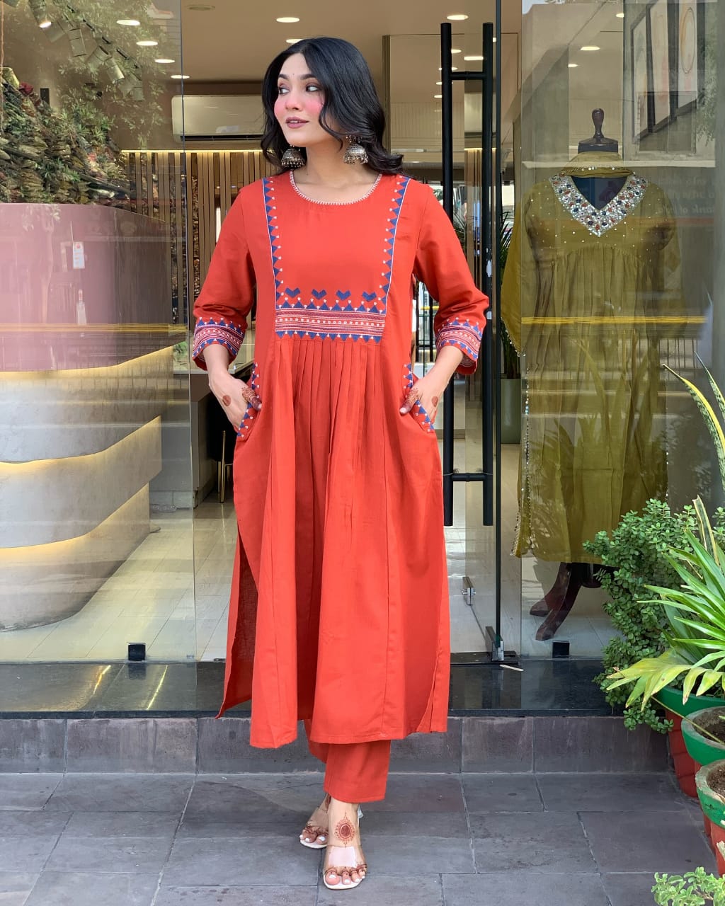 Zoktraa Rust Orange Two-Piece Kurti with Pant Set | Elegant Ethnic Wear for Women