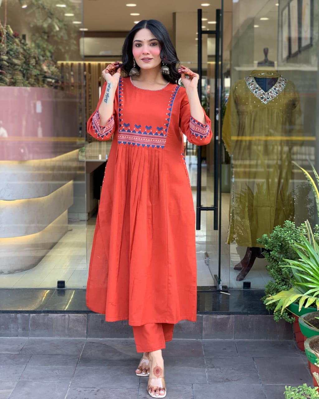 Zoktraa Rust Orange Two-Piece Kurti with Pant Set | Elegant Ethnic Wear for Women