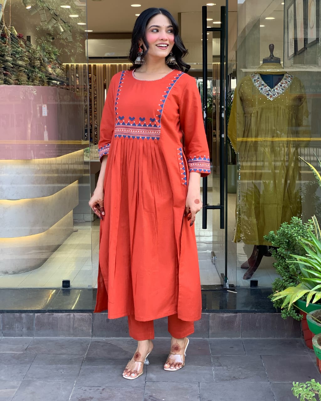 Zoktraa Rust Orange Two-Piece Kurti with Pant Set | Elegant Ethnic Wear for Women