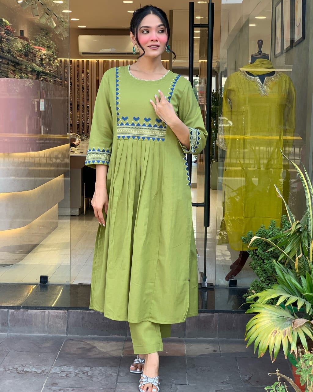 Zoktraa Olive Green Two-Piece Kurti with Pant Set | Chic Daily & Festive Ethnic Wear