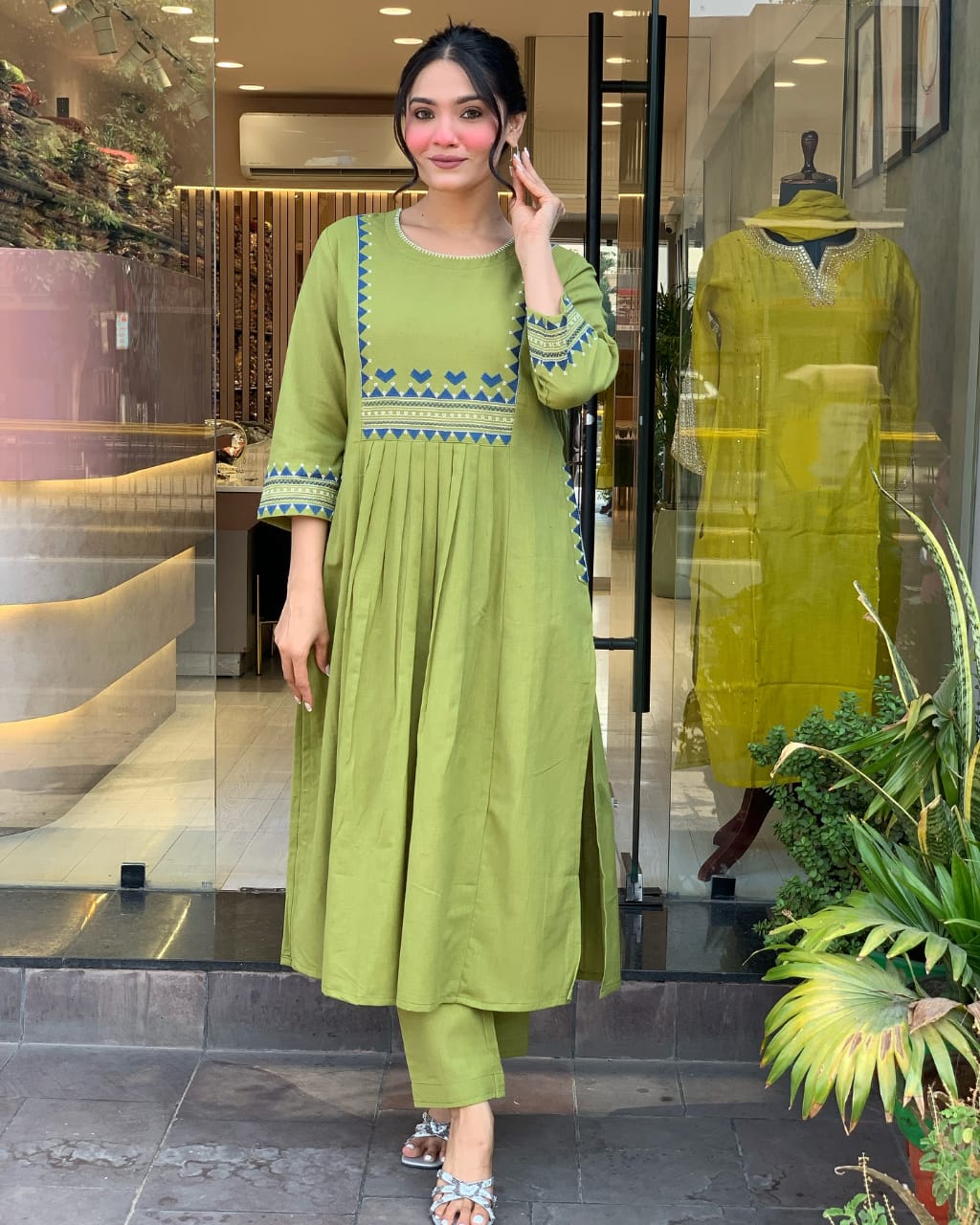 Zoktraa Olive Green Two-Piece Kurti with Pant Set | Chic Daily & Festive Ethnic Wear