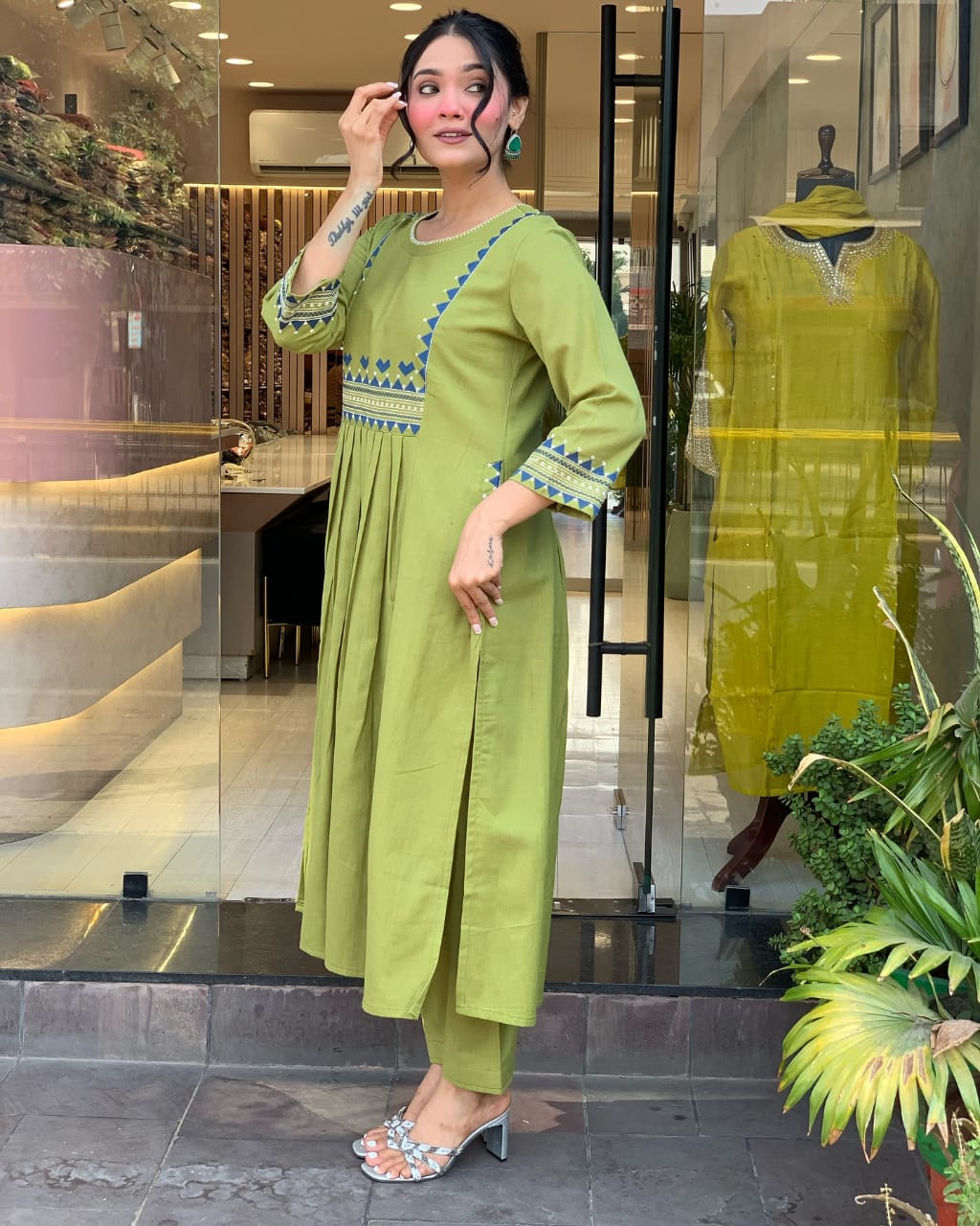 Zoktraa Olive Green Two-Piece Kurti with Pant Set | Chic Daily & Festive Ethnic Wear