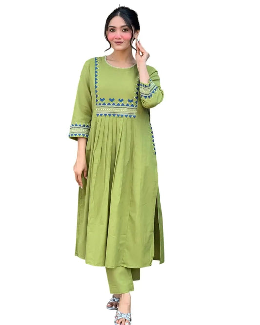 Zoktraa Olive Green Two-Piece Kurti with Pant Set | Chic Daily & Festive Ethnic Wear