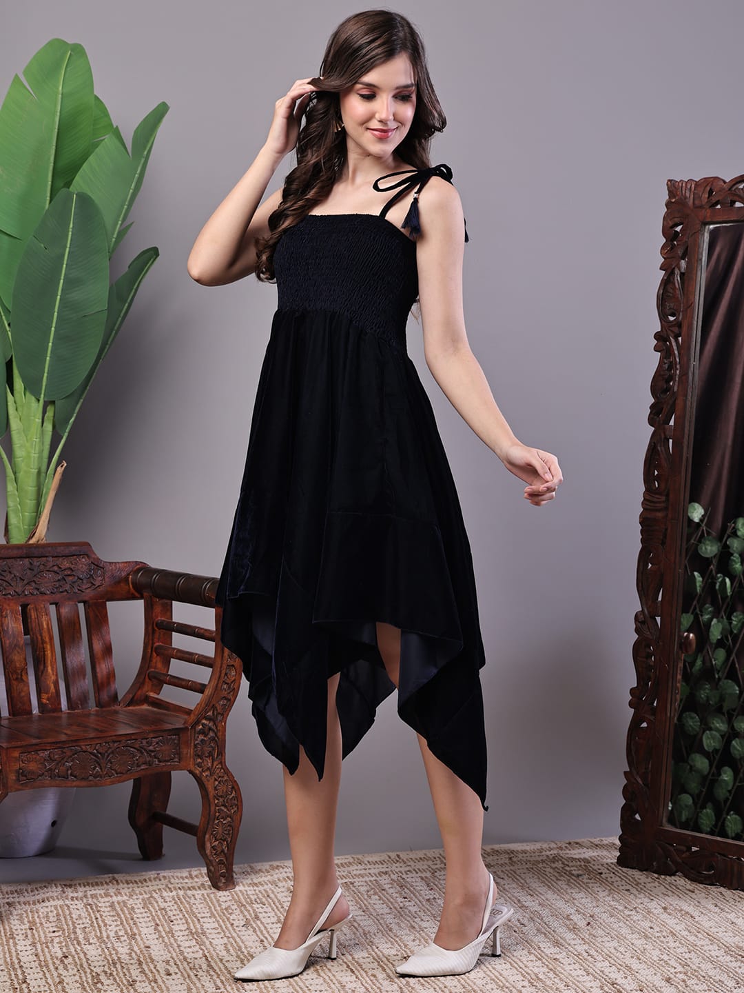 Elegant Black Velvet Handkerchief Hem Dress – Premium Western Wear for Women