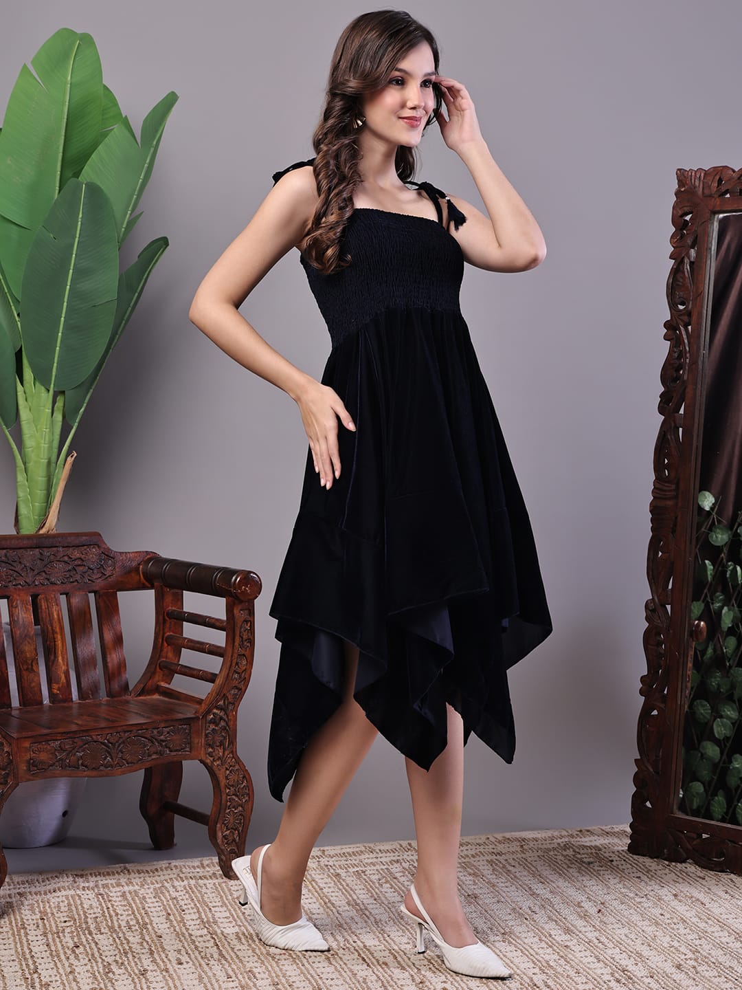 Elegant Black Velvet Handkerchief Hem Dress – Premium Western Wear for Women