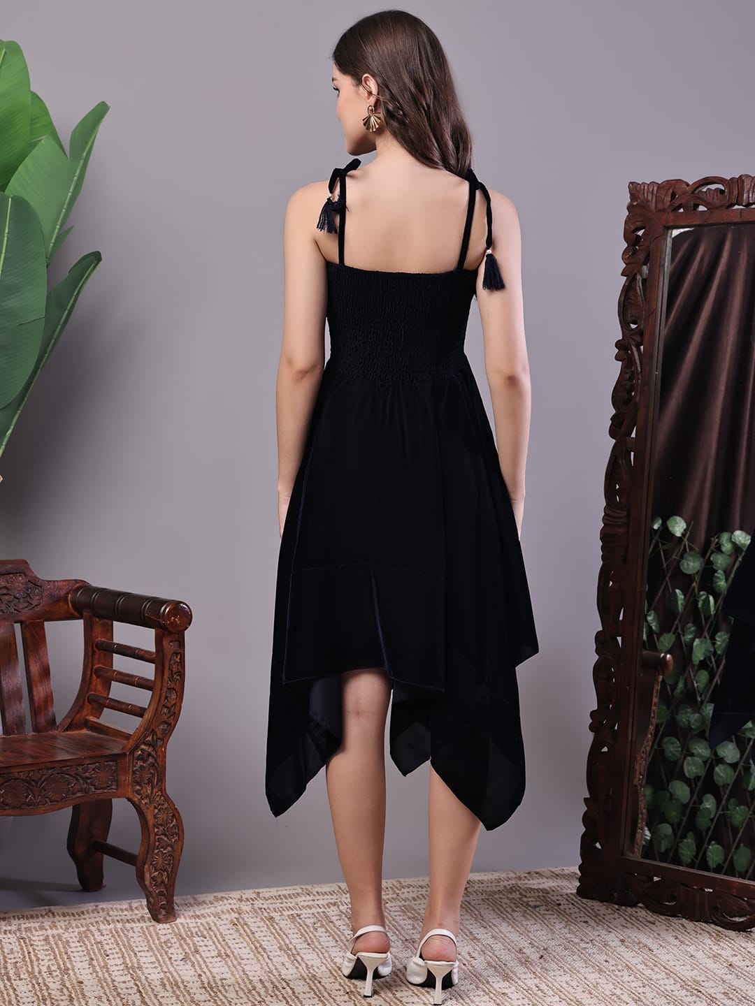 Elegant Black Velvet Handkerchief Hem Dress – Premium Western Wear for Women