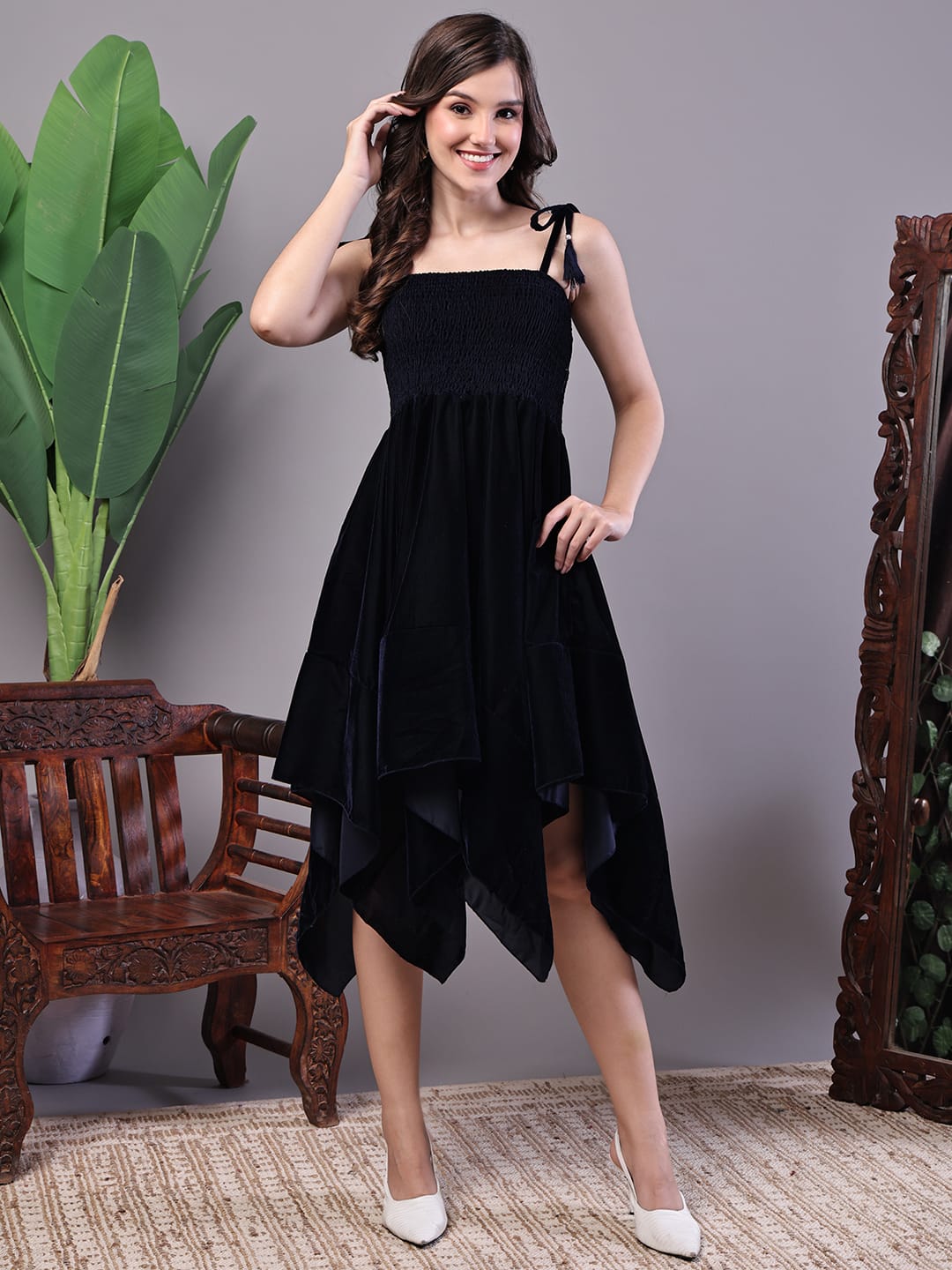 Elegant Black Velvet Handkerchief Hem Dress – Premium Western Wear for Women