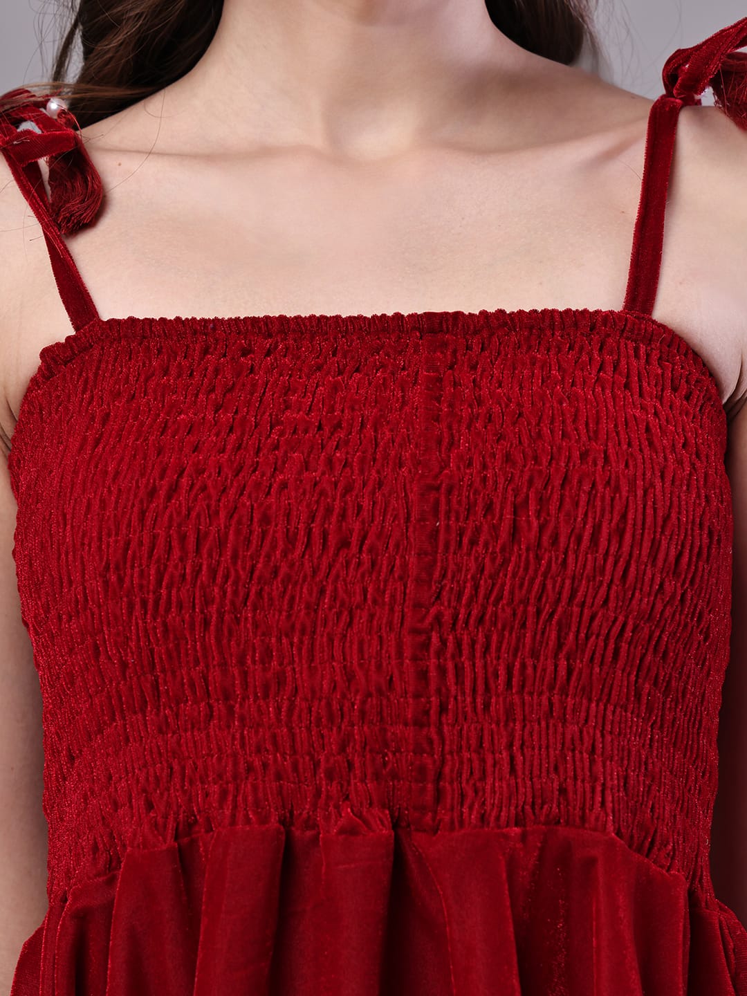 Elegant Maroon Smocked Fit & Flare Western Dress for Women