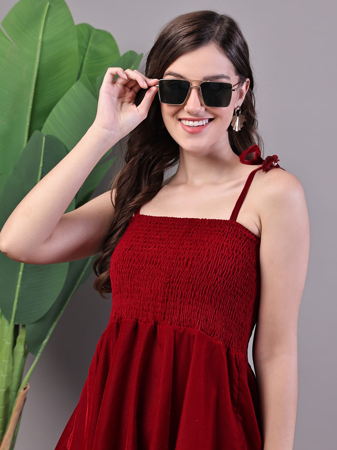 Elegant Maroon Smocked Fit & Flare Western Dress for Women