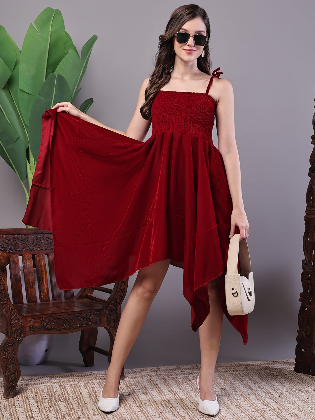 Elegant Maroon Smocked Fit & Flare Western Dress for Women