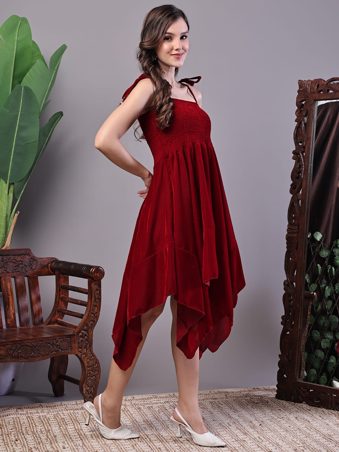 Elegant Maroon Smocked Fit & Flare Western Dress for Women