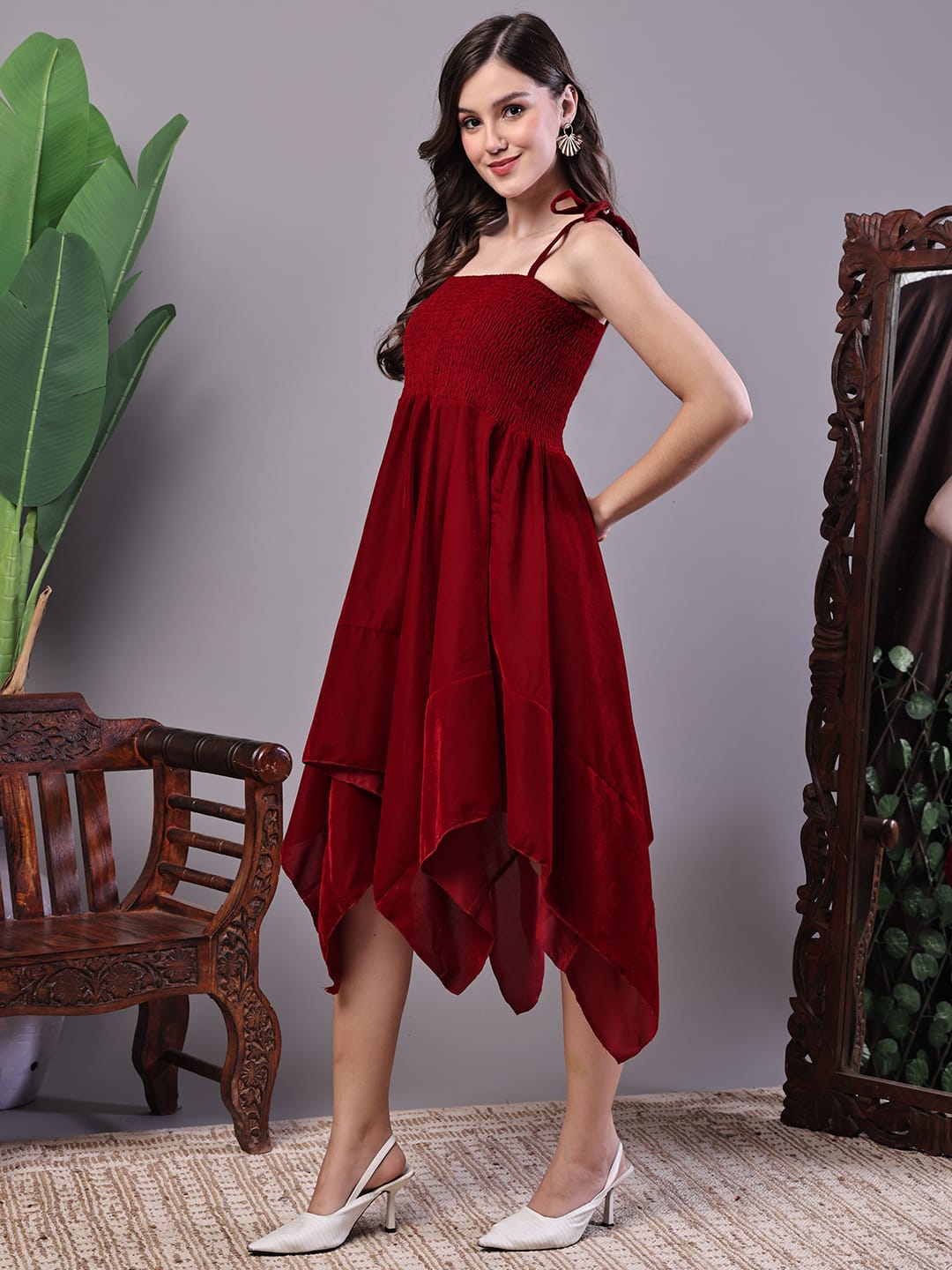 Elegant Maroon Smocked Fit & Flare Western Dress for Women
