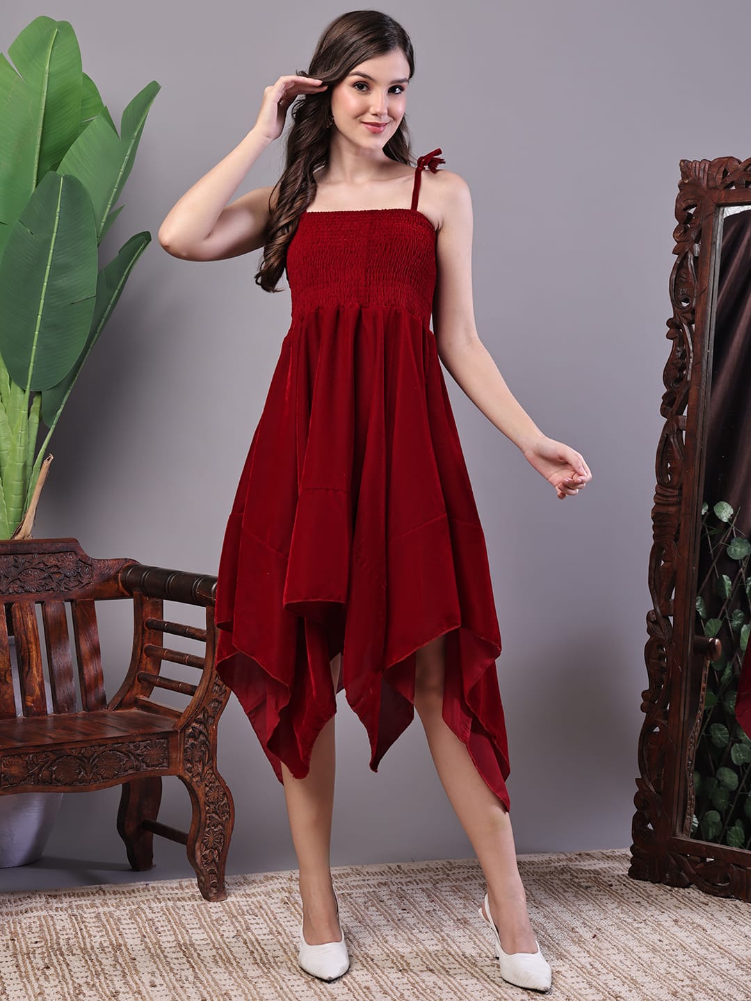 Elegant Maroon Smocked Fit & Flare Western Dress for Women