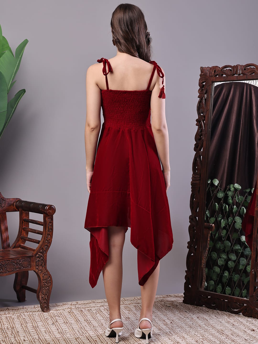 Elegant Maroon Smocked Fit & Flare Western Dress for Women