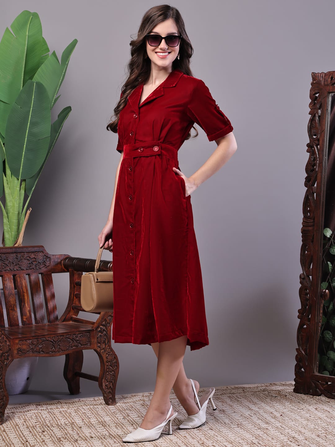 Zoktraa Maroon A-Line Button-Down Midi Dress – Elegant & Timeless Look