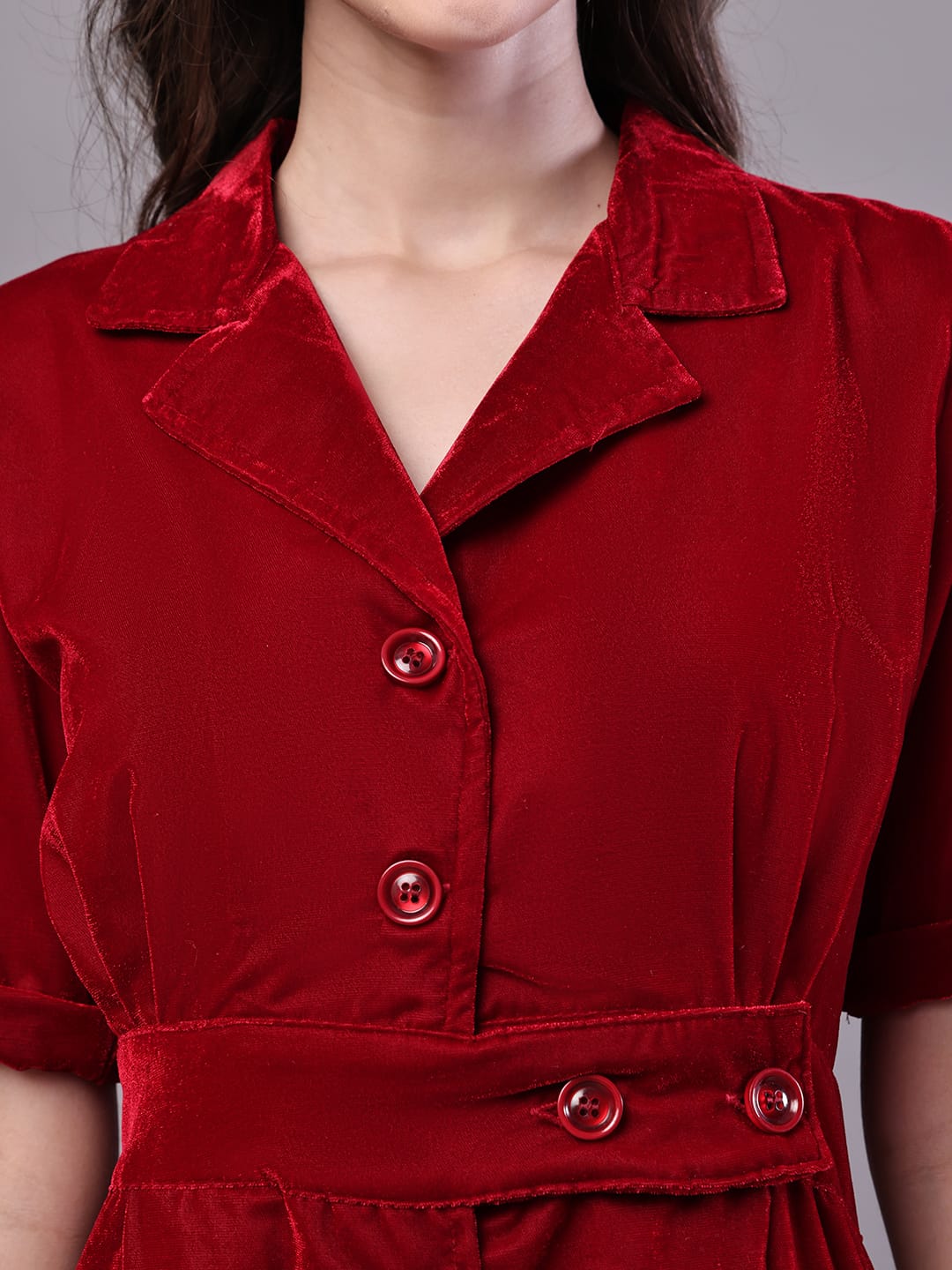 Zoktraa Maroon A-Line Button-Down Midi Dress – Elegant & Timeless Look