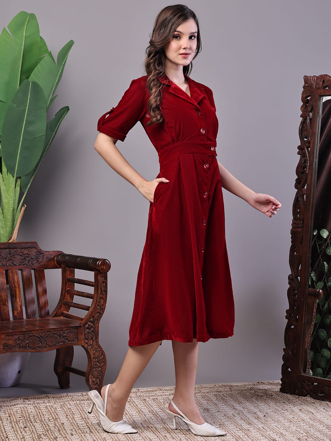 Zoktraa Maroon A-Line Button-Down Midi Dress – Elegant & Timeless Look