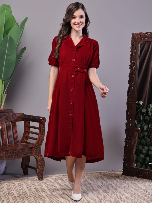 Zoktraa Maroon A-Line Button-Down Midi Dress – Elegant & Timeless Look