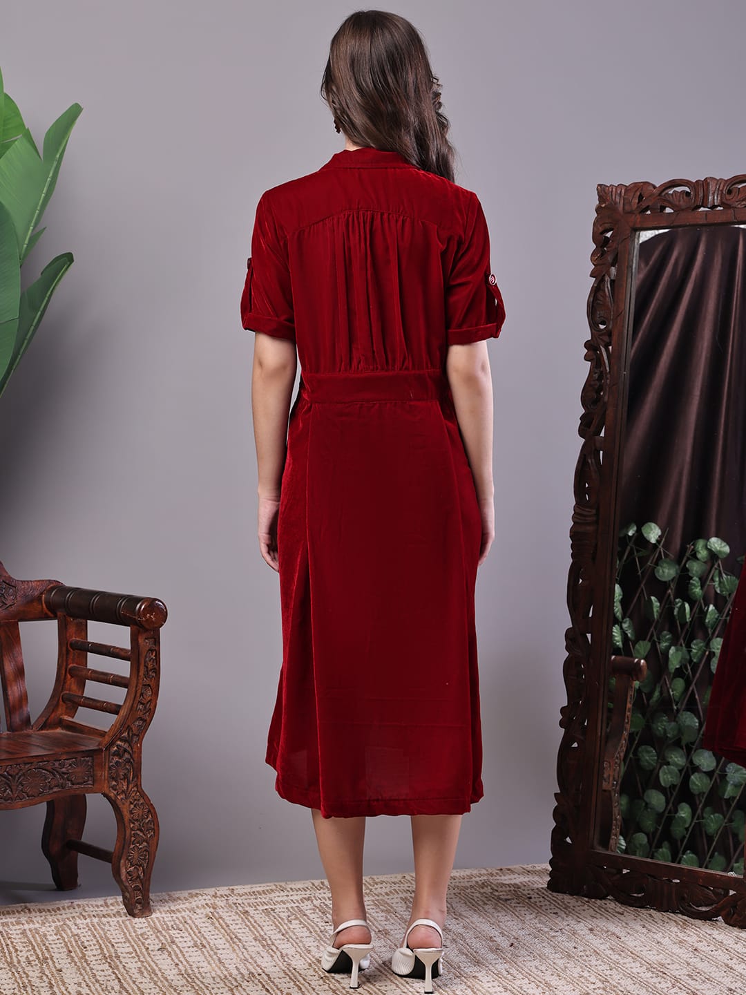 Zoktraa Maroon A-Line Button-Down Midi Dress – Elegant & Timeless Look