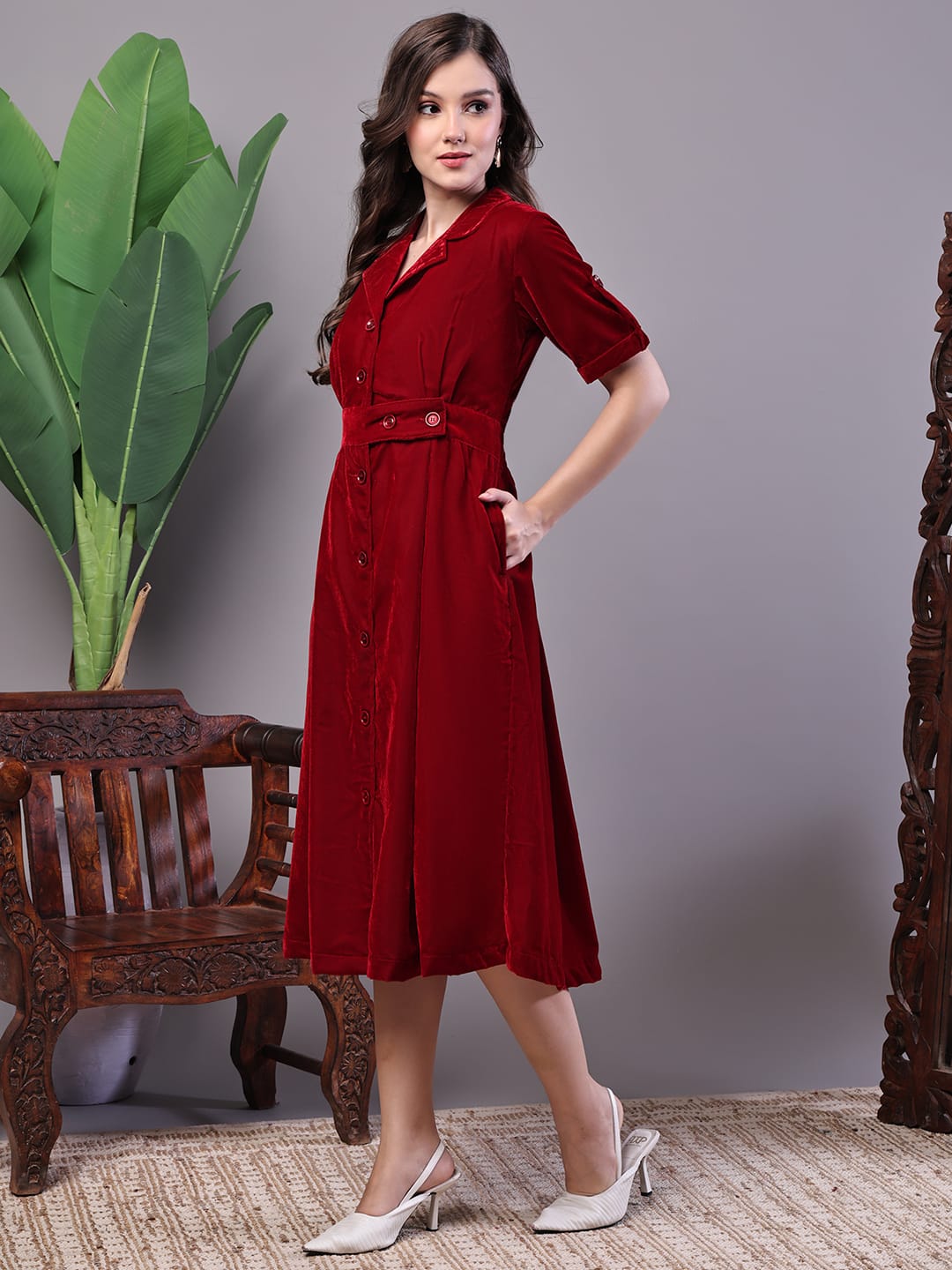 Zoktraa Maroon A-Line Button-Down Midi Dress – Elegant & Timeless Look