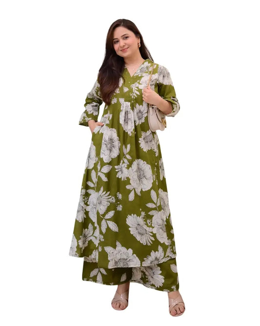 Olive Green Floral Printed Cotton Kurti with Pant Set