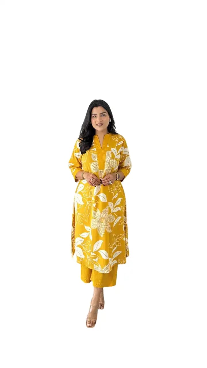 Vibrant Yellow Two-Piece Kurti Set with Pant – Festive & Everyday Ethnic Wear by Zoktraa