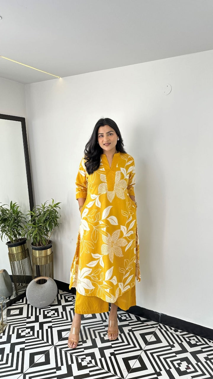 Vibrant Yellow Two-Piece Kurti Set with Pant – Festive & Everyday Ethnic Wear by Zoktraa